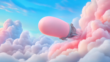 A whimsical airship floats through fluffy pink and white clouds in a pastel sky, AIの素材