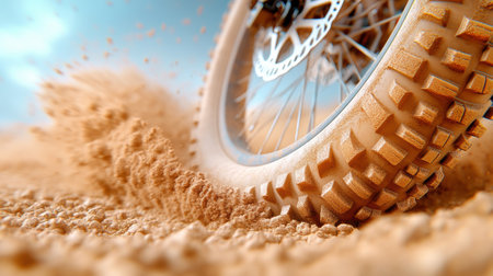 Close-up of a dirt bike tire kicking up sand during a high-speed desert ride, AIの素材