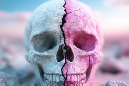 Cracked skull with contrasting colors symbolizes duality and transformation, AIの素材