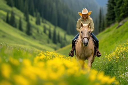Cowgirl riding a horse through a vibrant meadow in the mountains, AIの素材