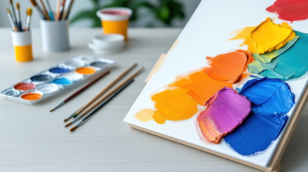 Colorful palette and brushes ready for a creative painting session, AIの素材