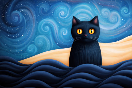 Whimsical black cat with bright eyes against a swirling starry night sky, AIの素材