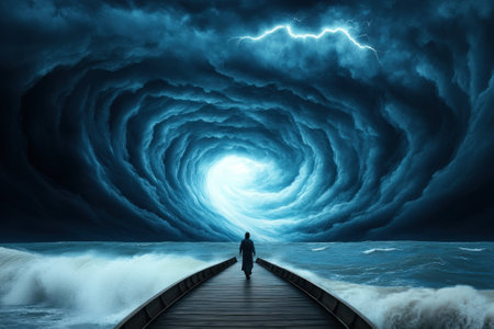Man walks toward swirling storm over ocean on a wooden pier, AIの素材