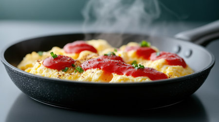 Fluffy scrambled eggs topped with ketchup and chives in a steaming skillet, AIの素材