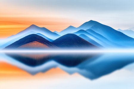 Serene mountain landscape with vibrant sunset and perfect water reflection, AIの素材