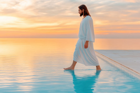 Man in white robe walking on water at sunset, AIの素材