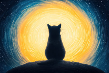 Cat gazing at a luminous moon in a starry night sky, creating a magical scene, AIの素材