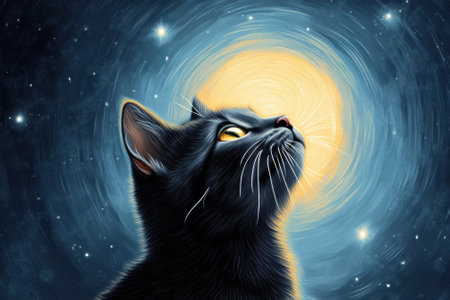 Black cat gazes at a glowing moon in a starry night sky, creating a mystical aura, AIの素材