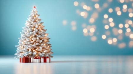 Festive Christmas tree adorned with lights and gifts against a soft blue background, AIの素材