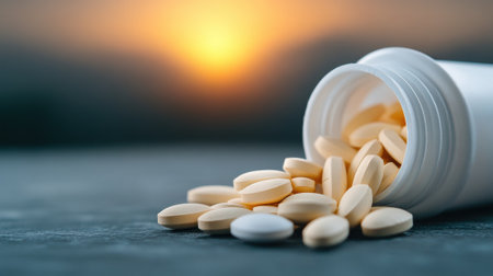 Pills spilling from a bottle against a warm sunset backdrop, AIの素材