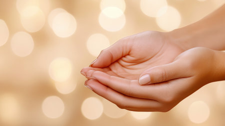 Open hands against a soft, golden bokeh background, symbolizing giving and receiving, AIの素材