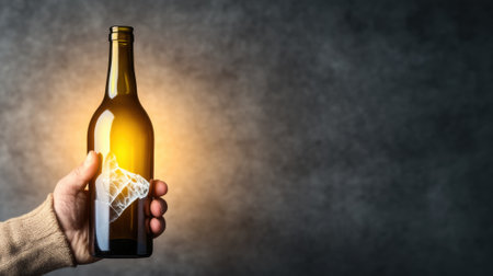 Hand holding a glowing bottle with a spider web design against a dark background, AIの素材