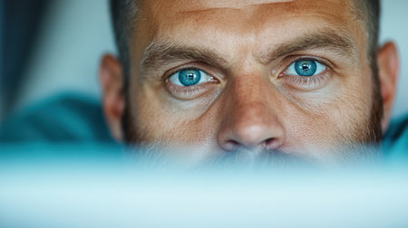Close-up of a man with intense blue eyes gazing intently ahead, AIの素材