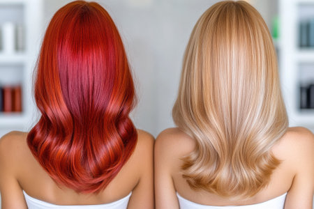 Two women with vibrant red and blonde hair showcase sleek, wavy hairstyles, AIの素材