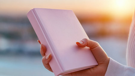 A person holds a pink book against a serene sunset backdrop, AIの素材