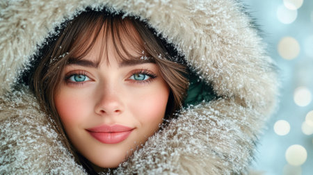 Winter portrait of a woman with snow-dusted fur hood and bright eyes, AIの素材
