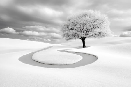 Solitary tree stands in a serene, snowy landscape under a dramatic sky, AIの素材