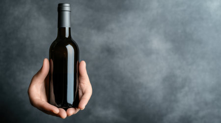 Hands presenting a wine bottle against a textured gray background, AIの素材