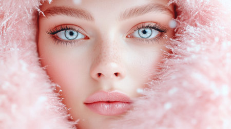 Close-up of a woman with striking blue eyes framed by a pink fur hood, AIの素材