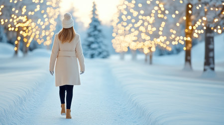 Woman walking through a snowy path adorned with twinkling lights, AIの素材