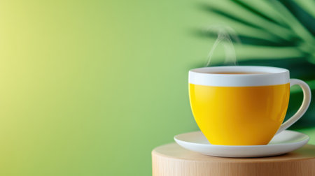 Steaming yellow cup of tea against a vibrant green backdrop, AIの素材