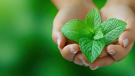 Hands gently cradle fresh mint leaves against a vibrant green background, AIの素材