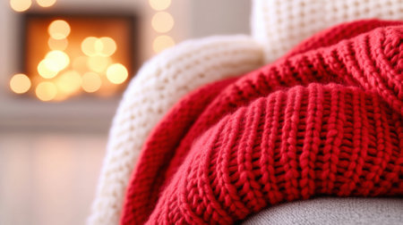 Cozy knitted blankets in red and white create a warm, inviting atmosphere by the fireplace, AIの素材