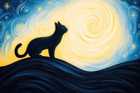 Silhouette of a cat against a swirling starry night sky, AIの素材
