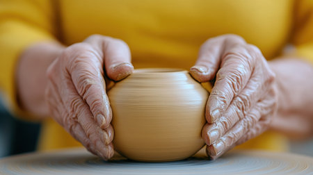Hands shaping clay on a pottery wheel, showcasing skilled craftsmanship, AIの素材