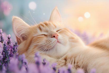Ginger cat peacefully sleeping among lavender flowers in a dreamy, sunlit garden, AIの素材