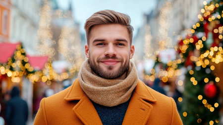 Smiling man in a festive winter market with twinkling lights and decorations, AIの素材
