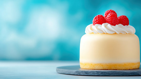 Elegant cake topped with fresh raspberries and cream against a blue background, AIの素材