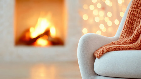 Cozy chair with a warm blanket by a glowing fireplace, AIの素材