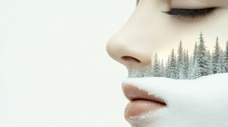 A serene face blends with a snowy forest, symbolizing harmony with nature, AIの素材