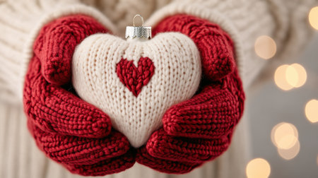 Heart-shaped ornament cradled in cozy red mittens, evoking warmth and holiday spirit, AIの素材