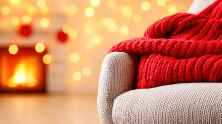 Cozy armchair with a red knit blanket by a warm fireplace, creating a festive ambiance, AIの素材
