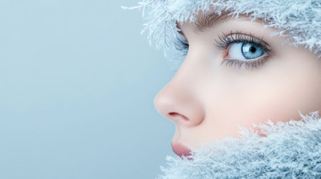 Close-up of a womans face wrapped in frosty fur, highlighting her blue eye, AIの素材