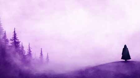 Mysterious figure in a purple misty forest landscape, AIの素材