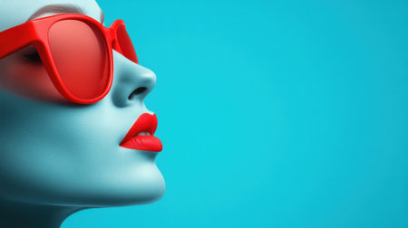 Bold red sunglasses and lipstick create a striking contrast against a blue background, AIの素材