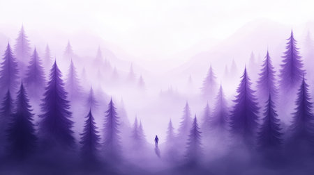 Mysterious figure in a misty purple forest landscape, AIの素材