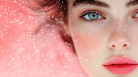 Close-up of a womans face with vibrant makeup and snow-like particles, AIの素材