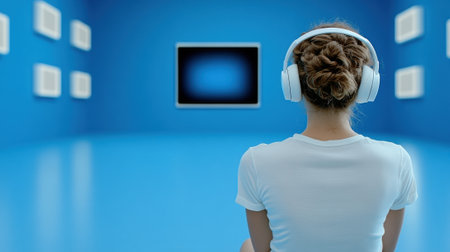 Woman with headphones immersed in a blue digital art gallery, AIの素材