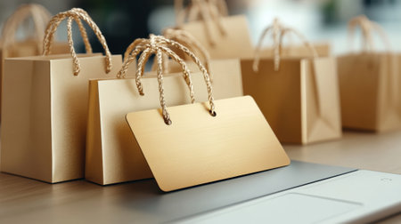 Golden gift bags with blank tags on a wooden table, ready for customization, AIの素材
