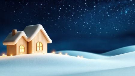 Cozy cabin nestled in a snowy landscape under a starry night sky, AIの素材