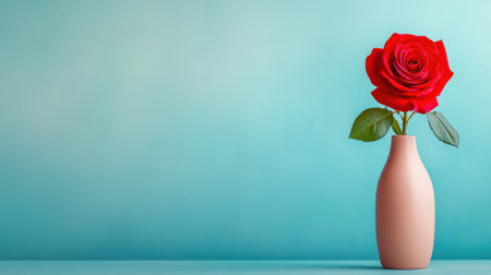 Single red rose in a vase against a turquoise background, AIの素材