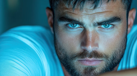 Intense gaze of a man with striking blue eyes and a rugged beard, AIの素材