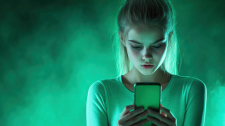 Teen girl engrossed in her smartphone, illuminated by a green glow, AIの素材