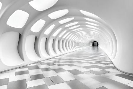Futuristic tunnel with geometric patterns and soft lighting creates a surreal atmosphere, AIの素材