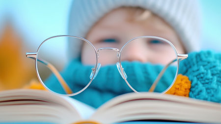 Child peering through glasses at an open book, wrapped in cozy winter attire, AIの素材