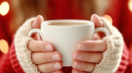 Cozy hands holding a warm cup of coffee on a chilly day, AIの素材